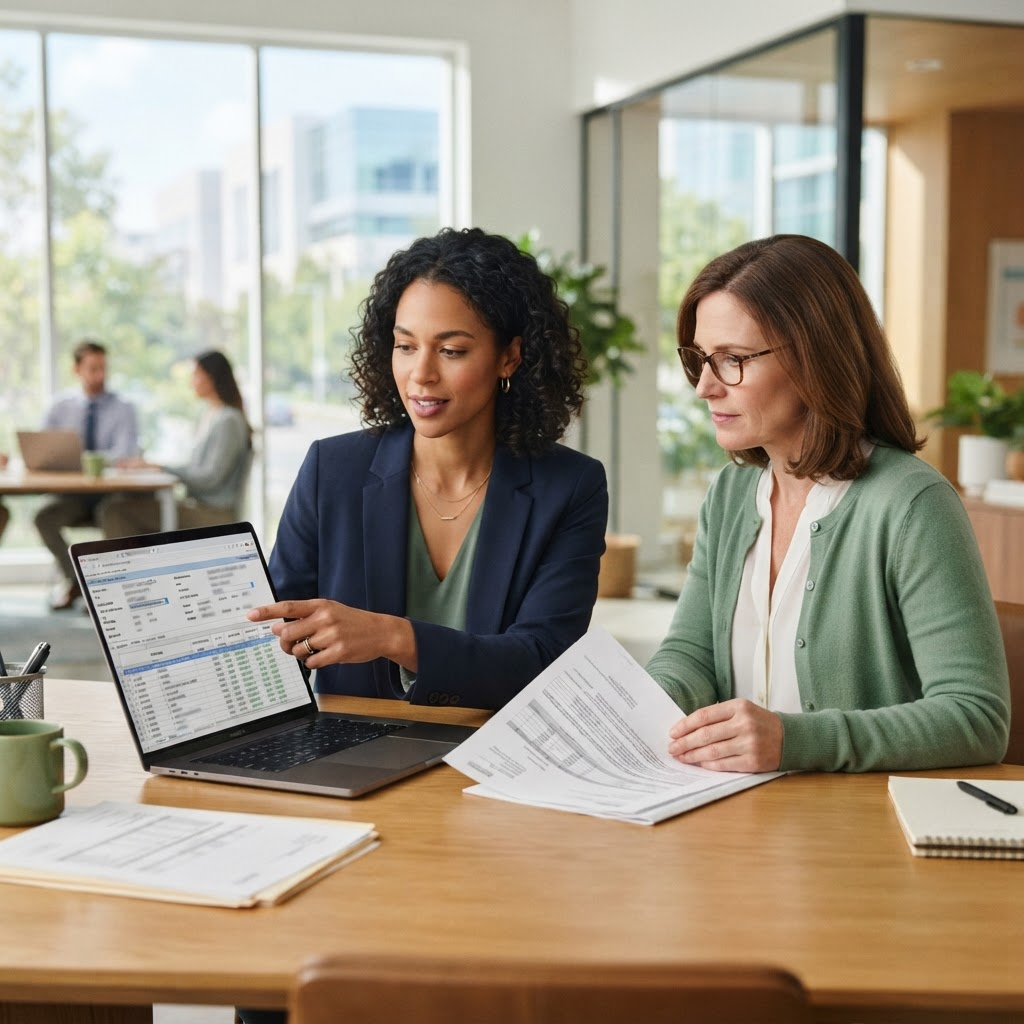 Two billing specialists collaborating over a laptop in a bright office
